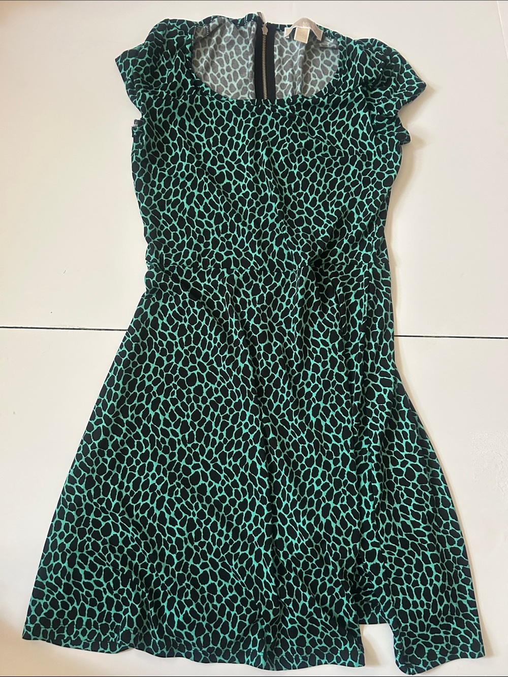 Michael Kors Black and Teal Printed Cap-Sleeve Girls Dress